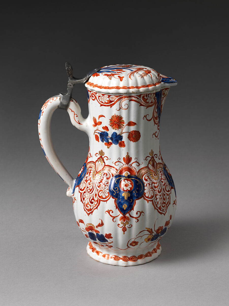 Jug with stylized floral pendants, The "Greek A" Factory, Tin-glazed earthenware painted with colored enamels, Dutch, Delft