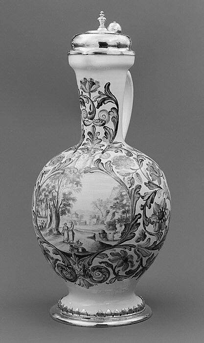 Flagon (one of a pair), Abraham Helmhack (1654–1724), Faience (tin-glazed earthenware), silver gilt, German, Nuremberg 