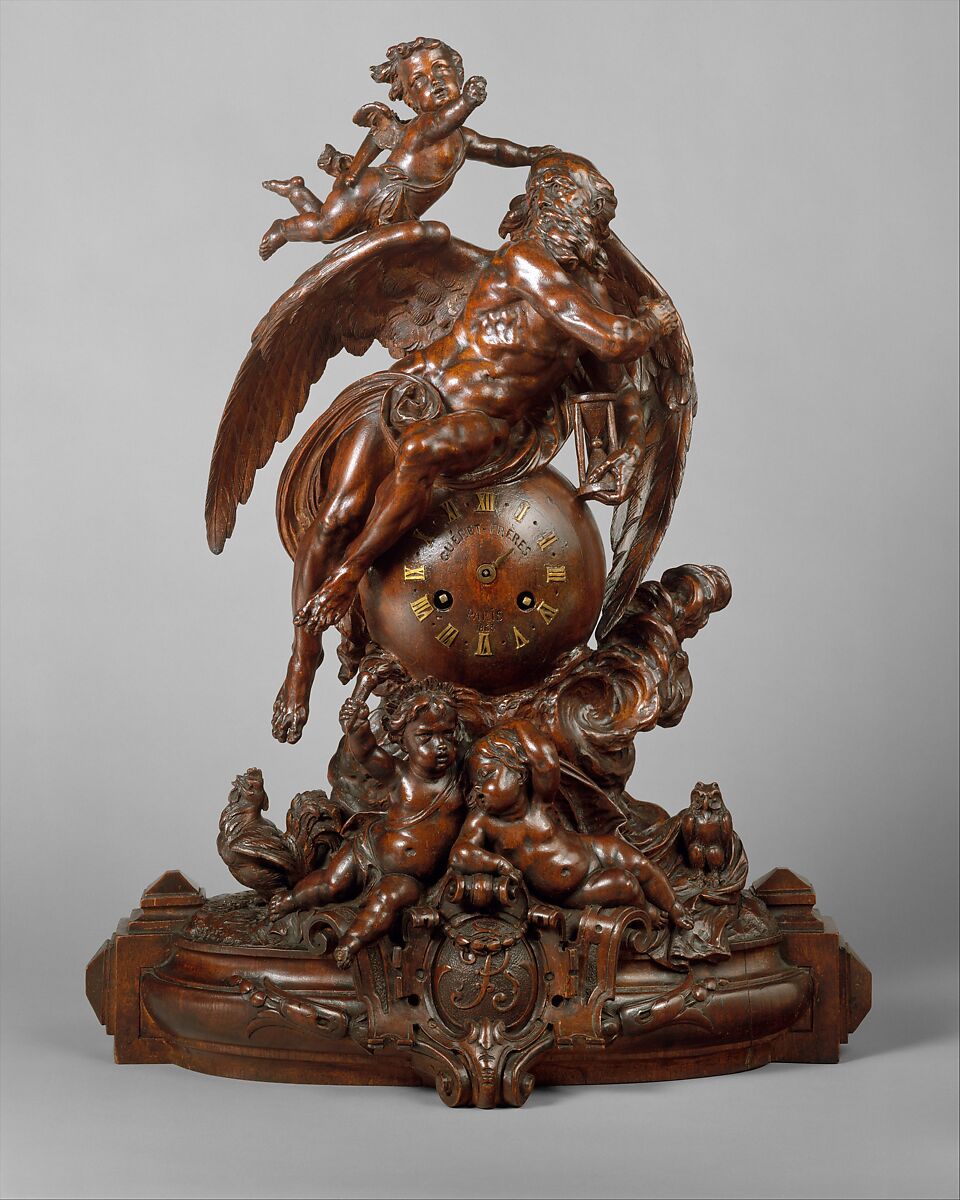 Clock with Father Time, Albert-Ernest Carrier-Belleuse (French, Anizy-le-Château 1824–1887 Sèvres), Walnut, glass, bronze, and steel, French, Paris 