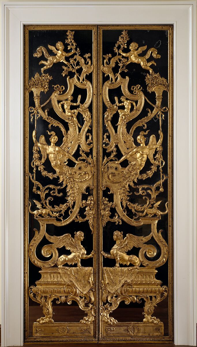 Pair of mirrored double doors, Lorenzo de Ferrari (1680–1744), Lindenwood, carved and gilded; mirrored glass panels, walnut, pine, Italian, Genoa 