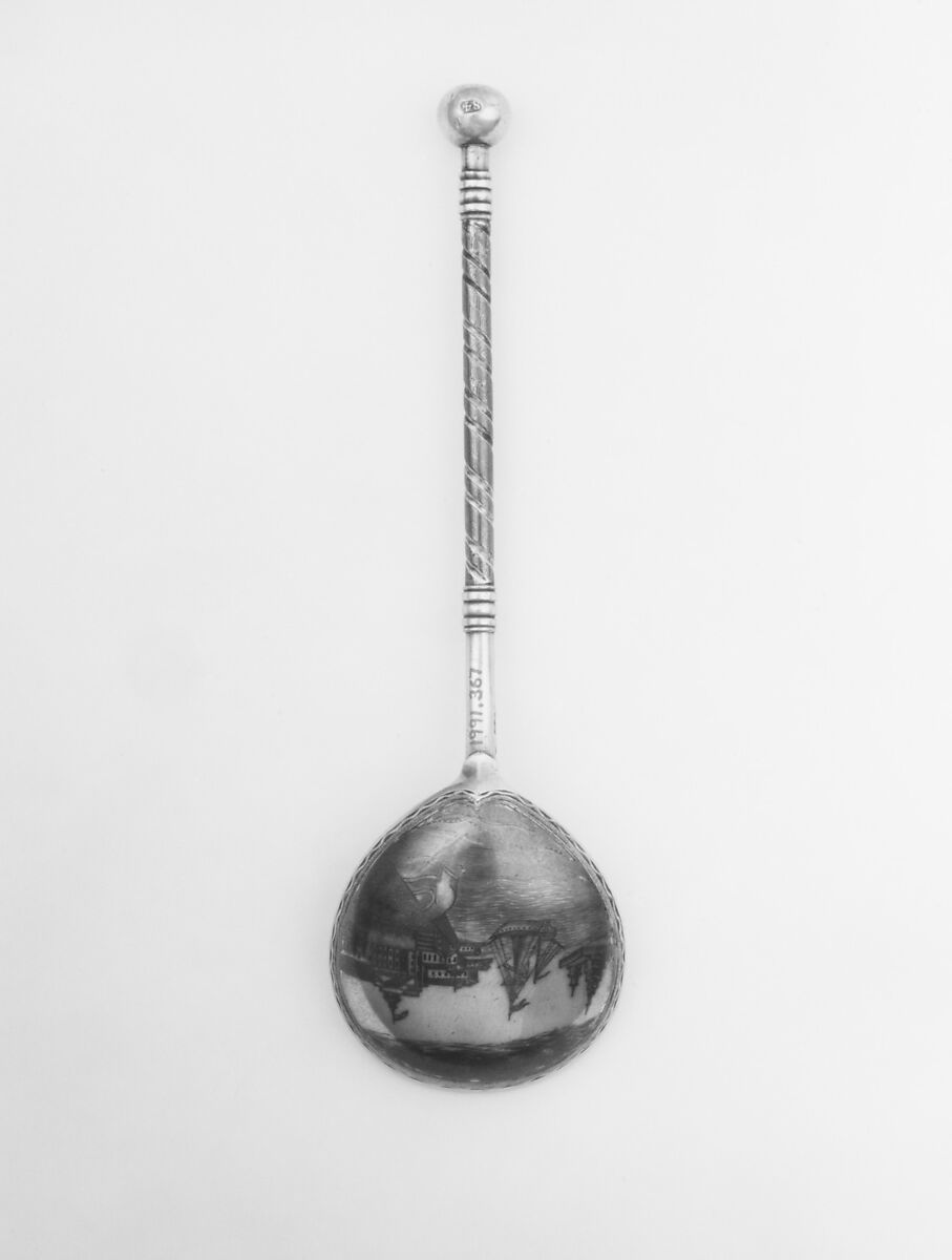 Spoon, Mikhail Chulkov (Russian, working 1801–64), Silver gilt and niello, Russian, Vologda