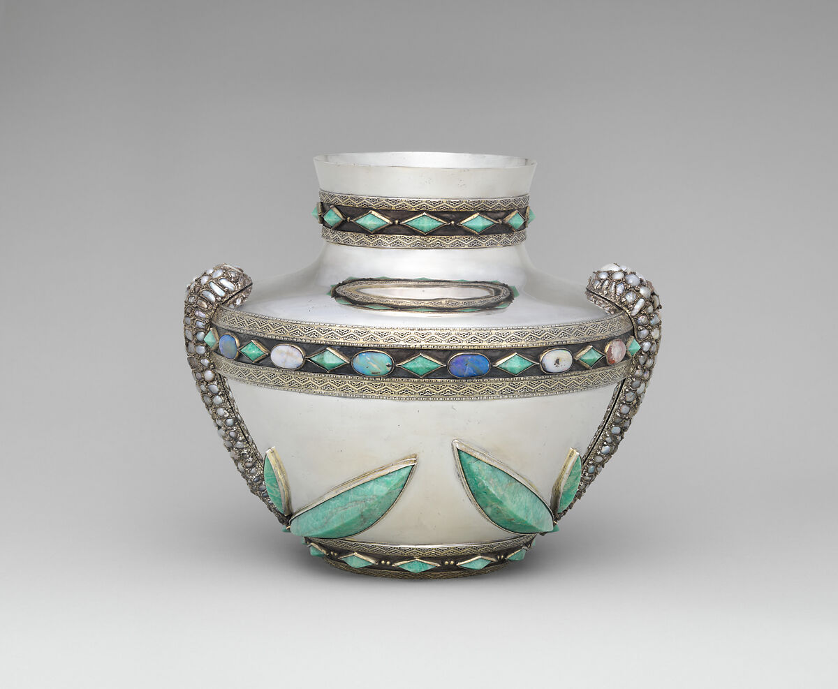 Vase, Tiffany &amp; Co. (1837–present), Silver, silver-gilt, freshwater baroque pearls, amazonite, opals., American 