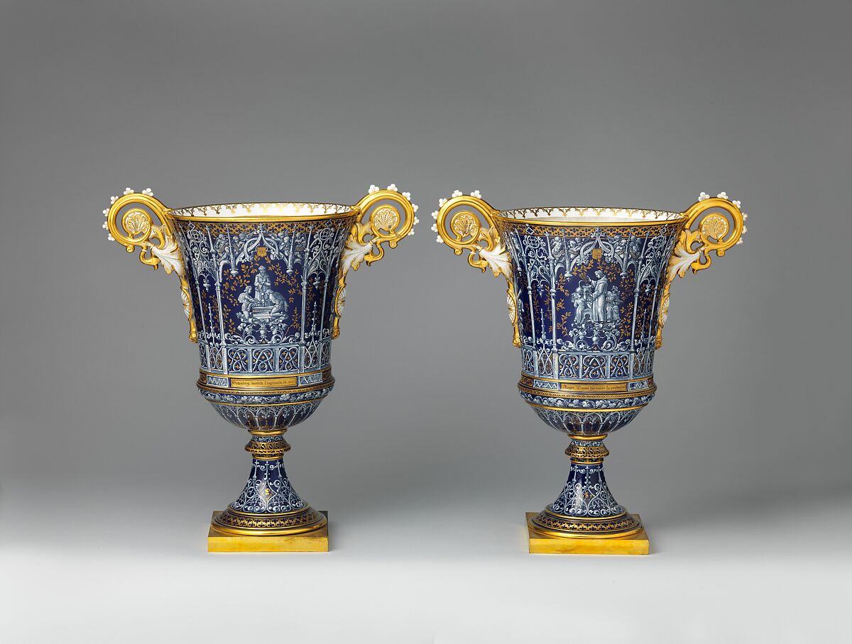 Vase (vase gothique Fragonard) (one of a pair), Sèvres Manufactory (French, 1740–present), Hard-paste porcelain decorated in polychrome enamels, gold, gilt bronze, French, Sèvres