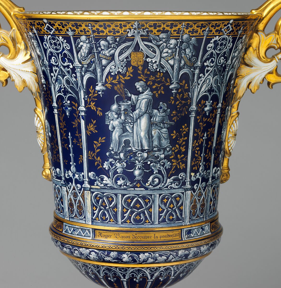 Vase (vase gothique Fragonard) (one of a pair), Model designed by Alexandre Evariste Fragonard (French, Grasse 1780–1850 Paris), Hard-paste porcelain decorated in polychrome enamels, gold, gilt bronze, French, Sèvres