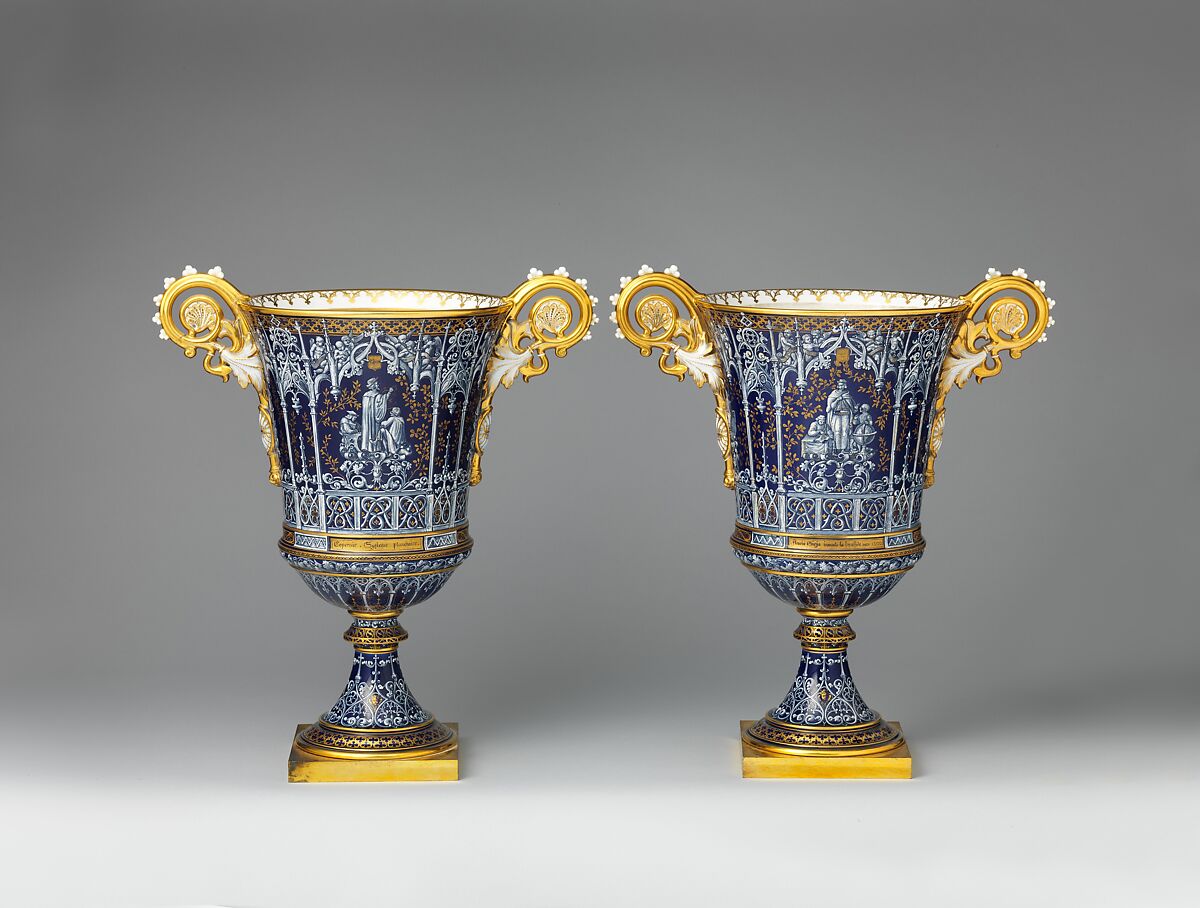 Vase (vase gothique Fragonard) (one of a pair), Model designed by Alexandre Evariste Fragonard (French, Grasse 1780–1850 Paris), Hard-paste porcelain decorated in polychrome enamels, gold, gilt bronze, French, Sèvres