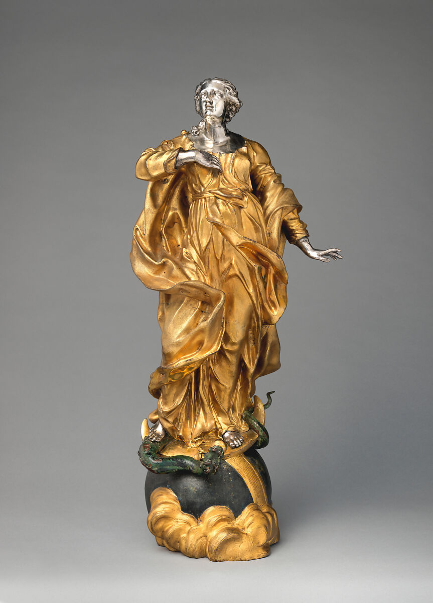 Virgin of the Immaculate Conception, Probably after a model by Lorenzo Vaccaro (Italian, 1653–1706), Bronze, fire-gilt; polychromy, silver, Italian, Naples 