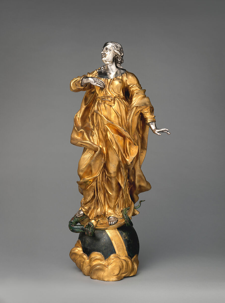 Virgin of the Immaculate Conception, Probably after a model by Lorenzo Vaccaro (Italian, 1653–1706), Bronze, fire-gilt; polychromy, silver, Italian, Naples