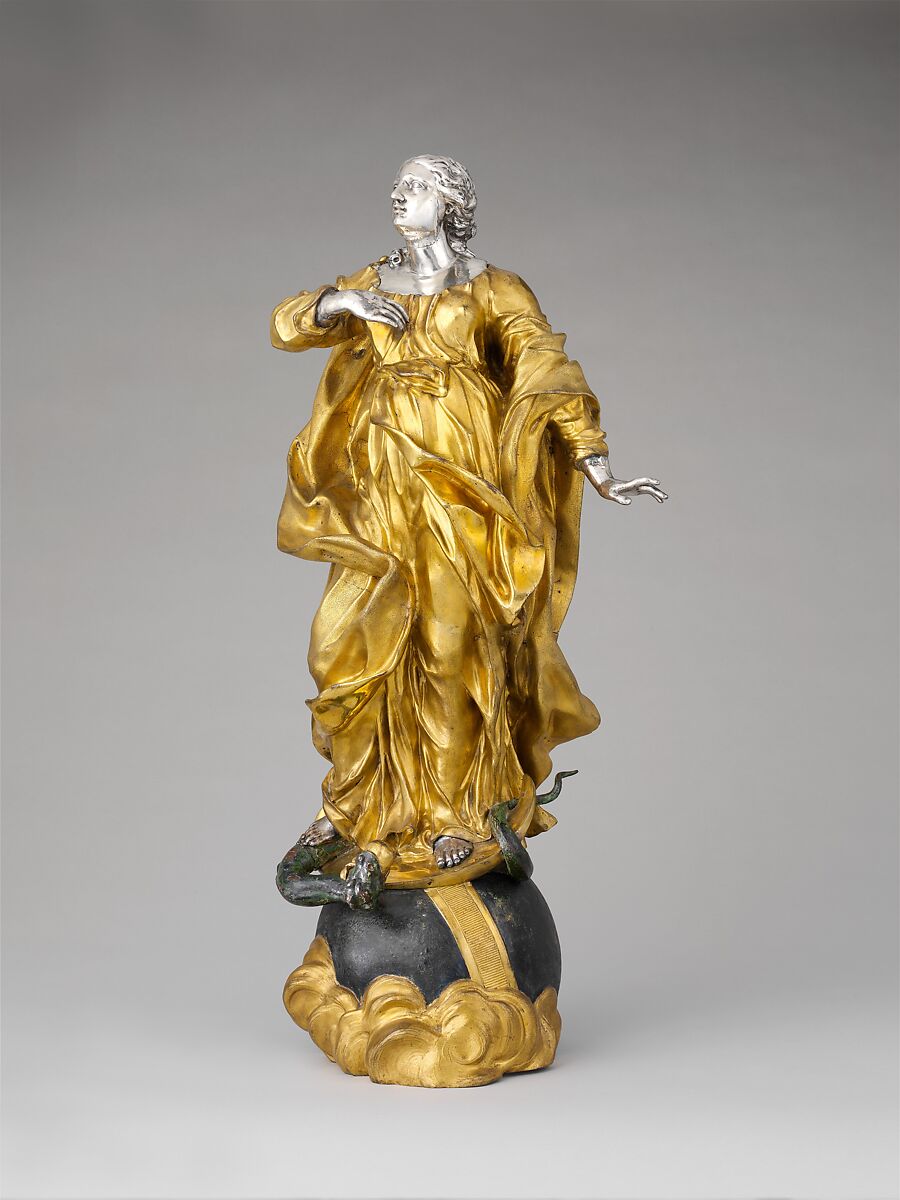 Virgin of the Immaculate Conception, Probably after a model by Lorenzo Vaccaro (Italian, 1653–1706), Bronze, fire-gilt; polychromy, silver, Italian, Naples