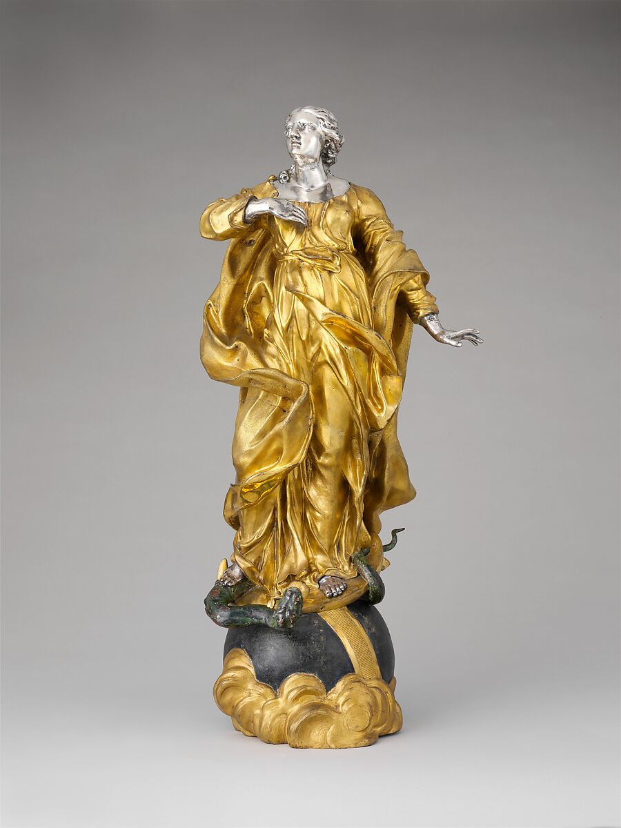 Virgin of the Immaculate Conception, Probably after a model by Lorenzo Vaccaro (Italian, 1653–1706), Bronze, fire-gilt; polychromy, silver, Italian, Naples