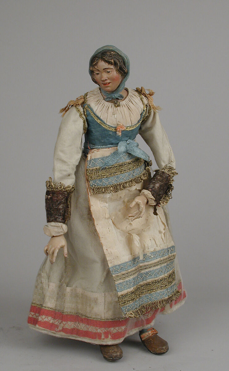 Young peasant woman, Polychromed terracotta head; wooden limbs, body of wire wrapped with tow; glass eyes; silk and linen garments, Italian, Naples 