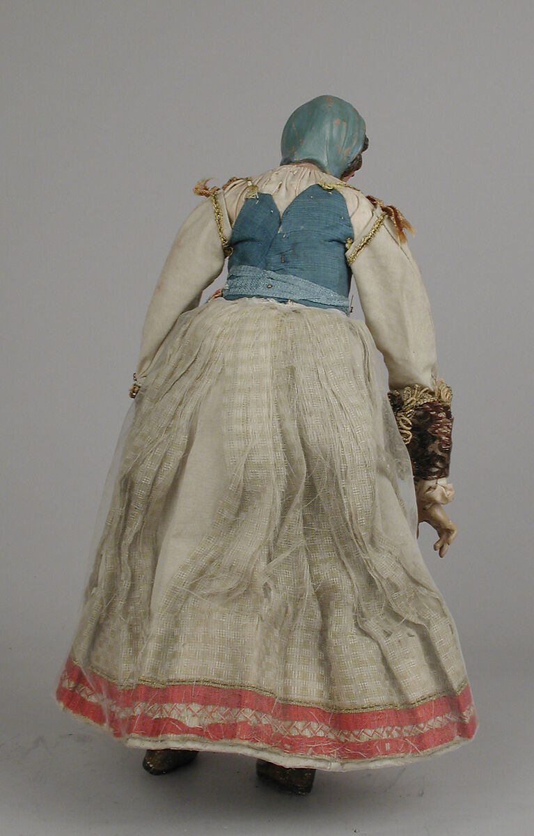 Young peasant woman, Polychromed terracotta head; wooden limbs, body of wire wrapped with tow; glass eyes; silk and linen garments, Italian, Naples