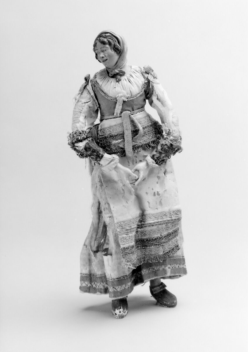 Young peasant woman, Polychromed terracotta head; wooden limbs, body of wire wrapped with tow; glass eyes; silk and linen garments, Italian, Naples