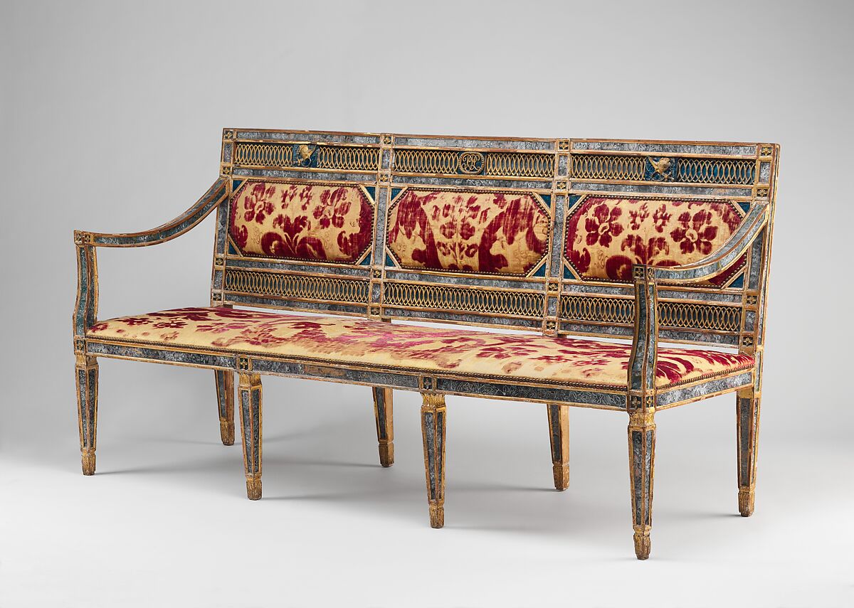 Triple-back settee (part of a set), Carved, gilded and painted walnut, reverse painted glass, cut and voided 17th-century crimson velvet, Italian, Sicily
