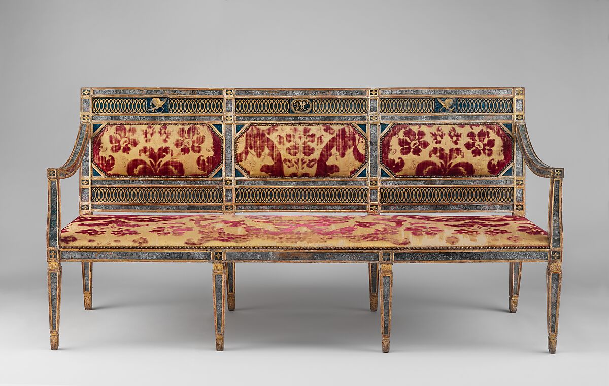 Triple-back settee (part of a set), Carved, gilded and painted walnut, reverse painted glass, cut and voided 17th-century crimson velvet, Italian, Sicily 