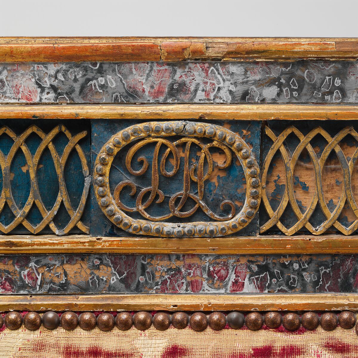 Side chair (part of a set), Carved, gilded and painted walnut, reverse-painted glass (verre églomisé), cut and voided 17th-century crimson silk velvet probably not original to the chair, Italian, Sicily