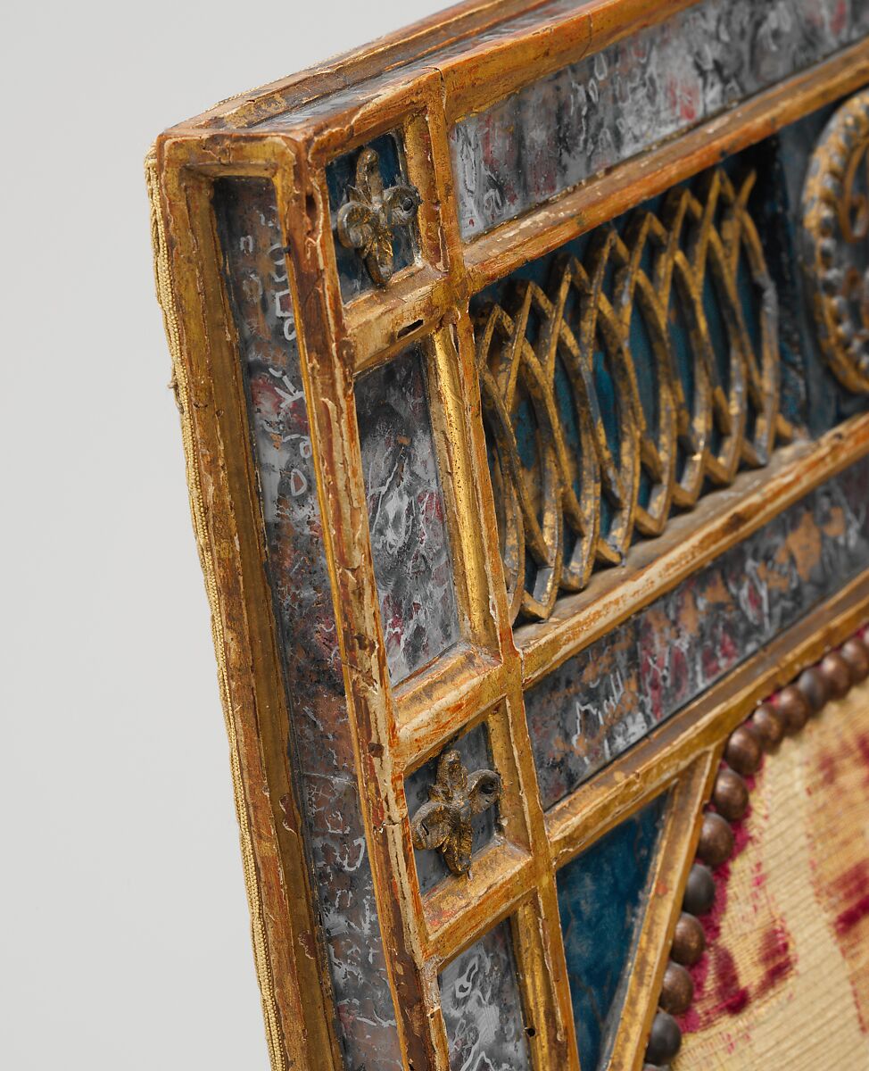 Side chair (part of a set), Carved, gilded and painted walnut, reverse-painted glass (verre églomisé), cut and voided 17th-century crimson silk velvet probably not original to the chair, Italian, Sicily