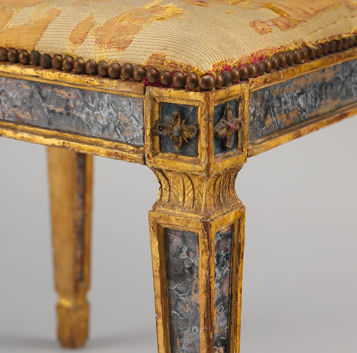 Side chair (part of a set), Carved, gilded and painted walnut, reverse-painted glass (verre églomisé), cut and voided 17th-century crimson silk velvet probably not original to the chair, Italian, Sicily
