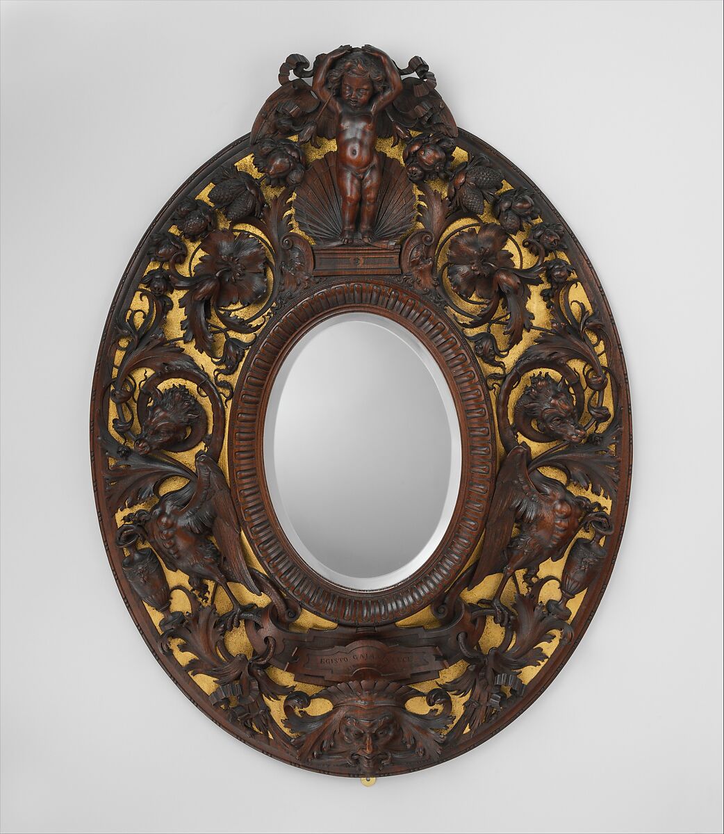 Oval frame, Egisto Gajani (1832–1890), Carved and partially gilded walnut; modern mirror glass backed with oak, Italian, Florence 