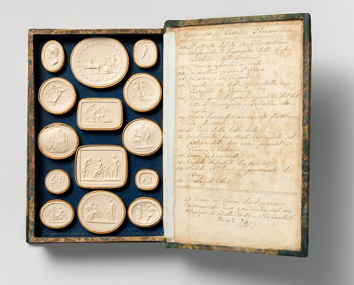 Impressions of intaglios after the statuary of Canova and Thorvaldsen, Francesco Carnesecchi (Italian), Gesso, paper, leather, Italian, Rome