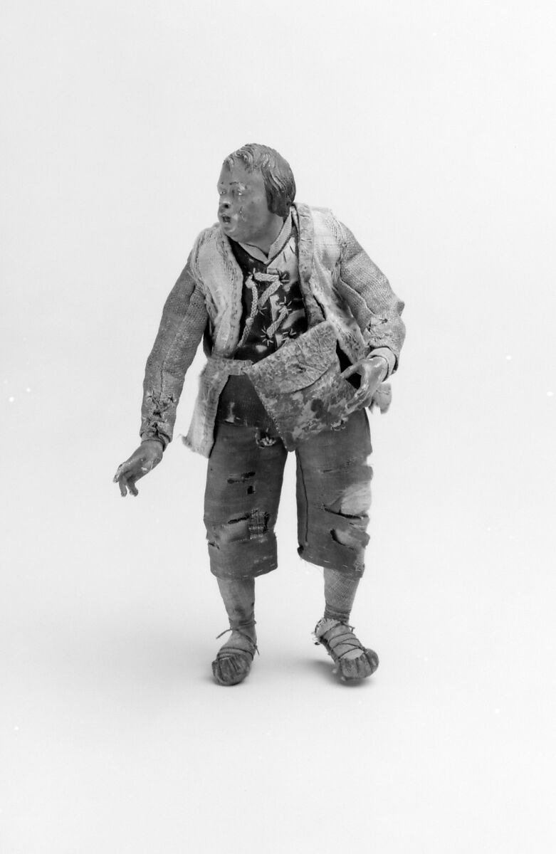 Shepherd, Polychromed terracotta head and limbs; body of wire wrapped in tow; linen and cloth garments; leather bag, Italian, Naples