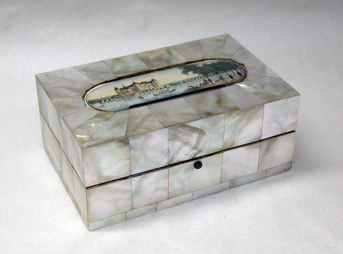 Workbox, Mother-of-pearl, silver, pine wood, lead, steel, gouache, paper, glass, gilt brass, chamois leather, braid (partially metallic silver coated with tinted lacquer to imitate gold), Austrian, Vienna 