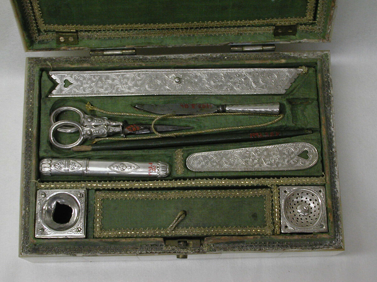 Workbox, Mother-of-pearl, silver, pine wood, lead, steel, gouache, paper, glass, gilt brass, chamois leather, braid (partially metallic silver coated with tinted lacquer to imitate gold), Austrian, Vienna