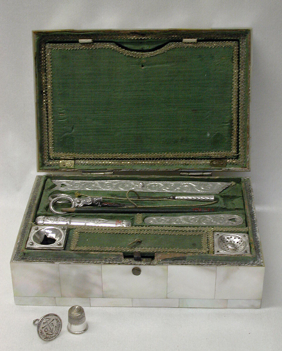 Workbox, Mother-of-pearl, silver, pine wood, lead, steel, gouache, paper, glass, gilt brass, chamois leather, braid (partially metallic silver coated with tinted lacquer to imitate gold), Austrian, Vienna