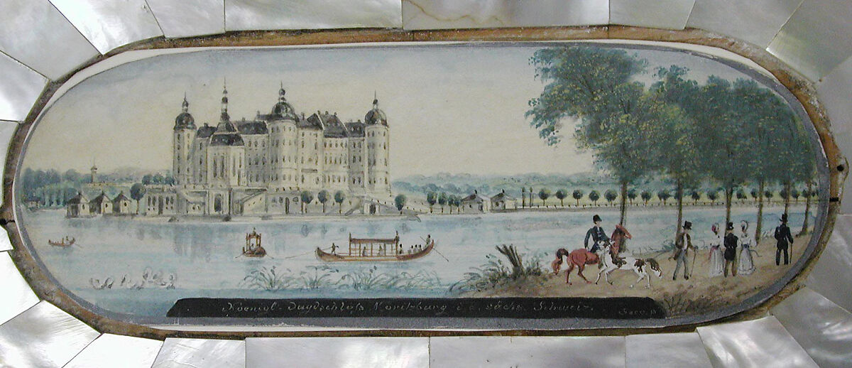 Workbox, Mother-of-pearl, silver, pine wood, lead, steel, gouache, paper, glass, gilt brass, chamois leather, braid (partially metallic silver coated with tinted lacquer to imitate gold), Austrian, Vienna