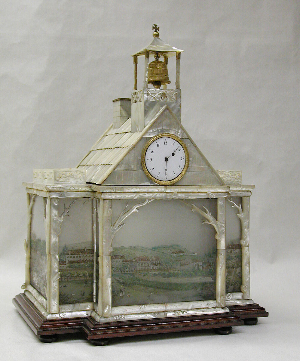 Veilleuse with clock, Painted glass and mother-of-pearl, Austrian, Vienna 