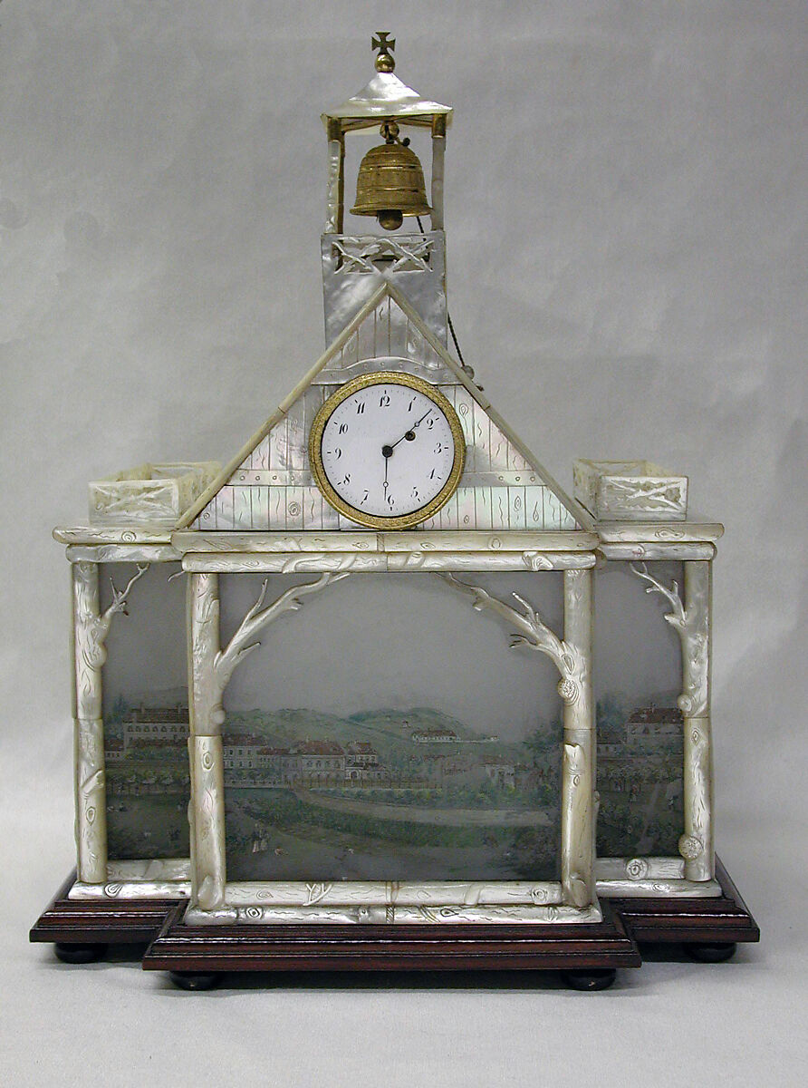 Veilleuse with clock, Painted glass and mother-of-pearl, Austrian, Vienna