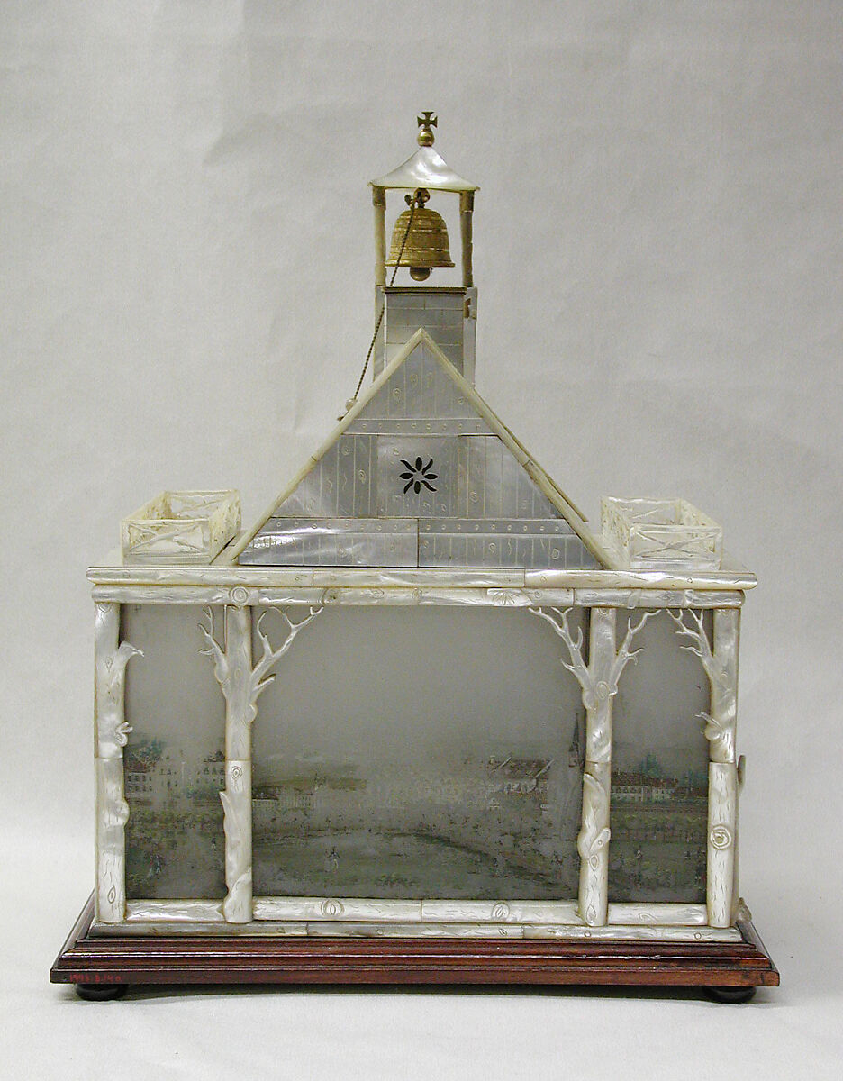 Veilleuse with clock, Painted glass and mother-of-pearl, Austrian, Vienna