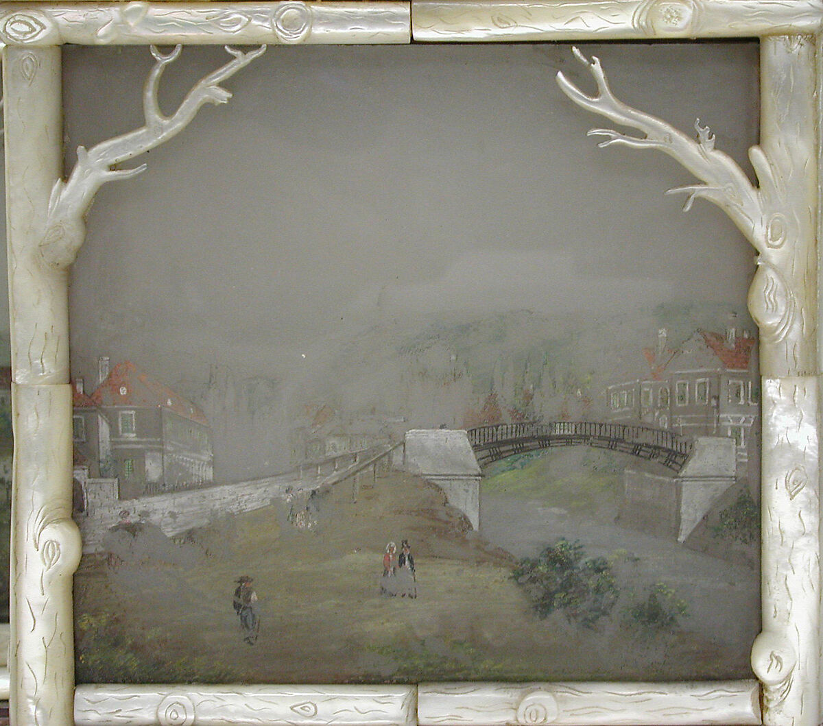 Veilleuse with clock, Painted glass and mother-of-pearl, Austrian, Vienna
