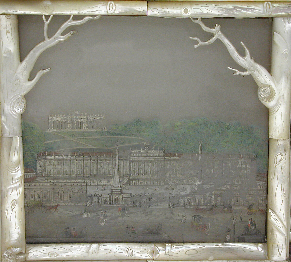Veilleuse with clock, Painted glass and mother-of-pearl, Austrian, Vienna