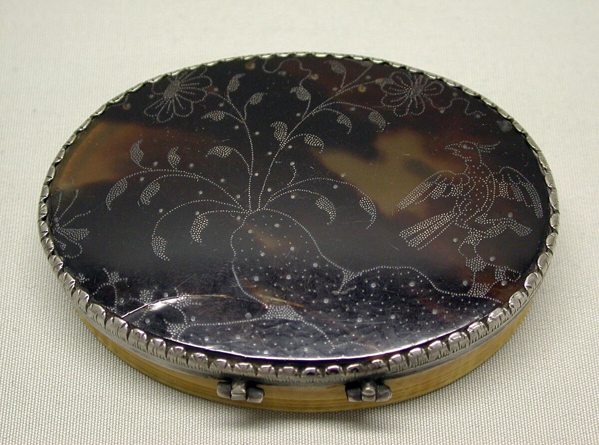 Oval box, Tortoiseshell, silver piqué, ivory(?), probably French, Paris 