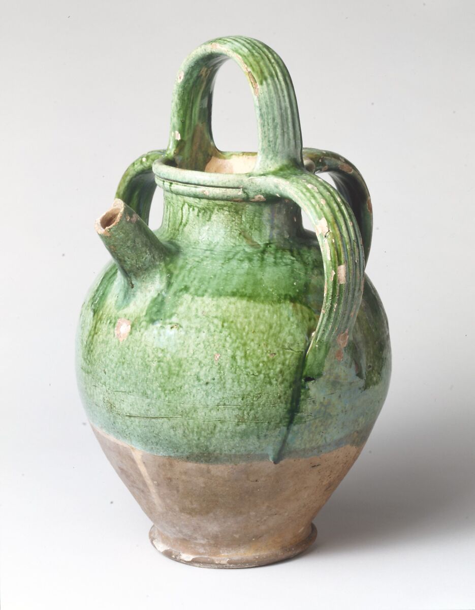 Water jar with spout (vase à bec), Lead-glazed earthenware, French, La Chapelle-des-Pots 