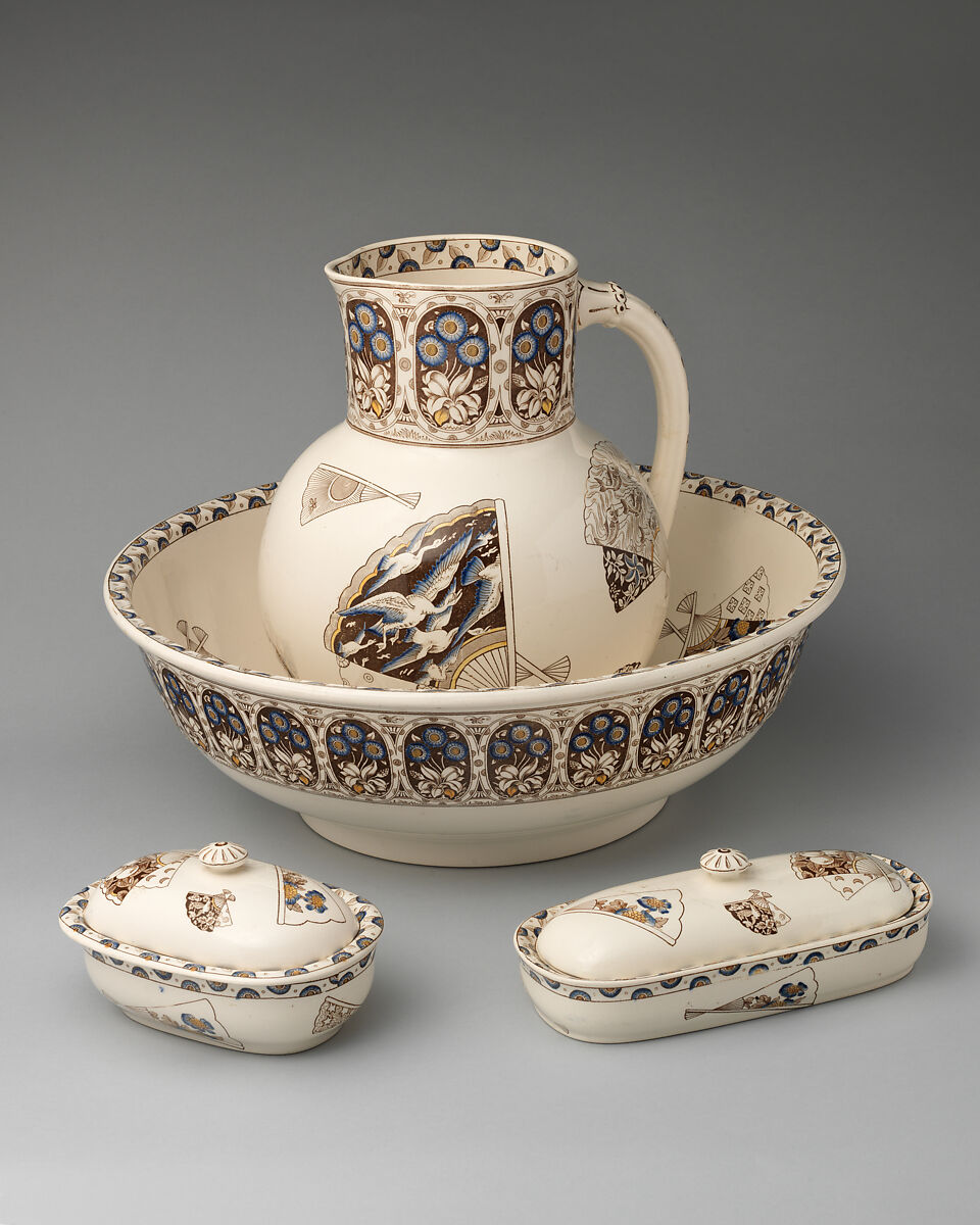 Ewer and basin, soap and brush boxes, Earthenware, probably British, Staffordshire 