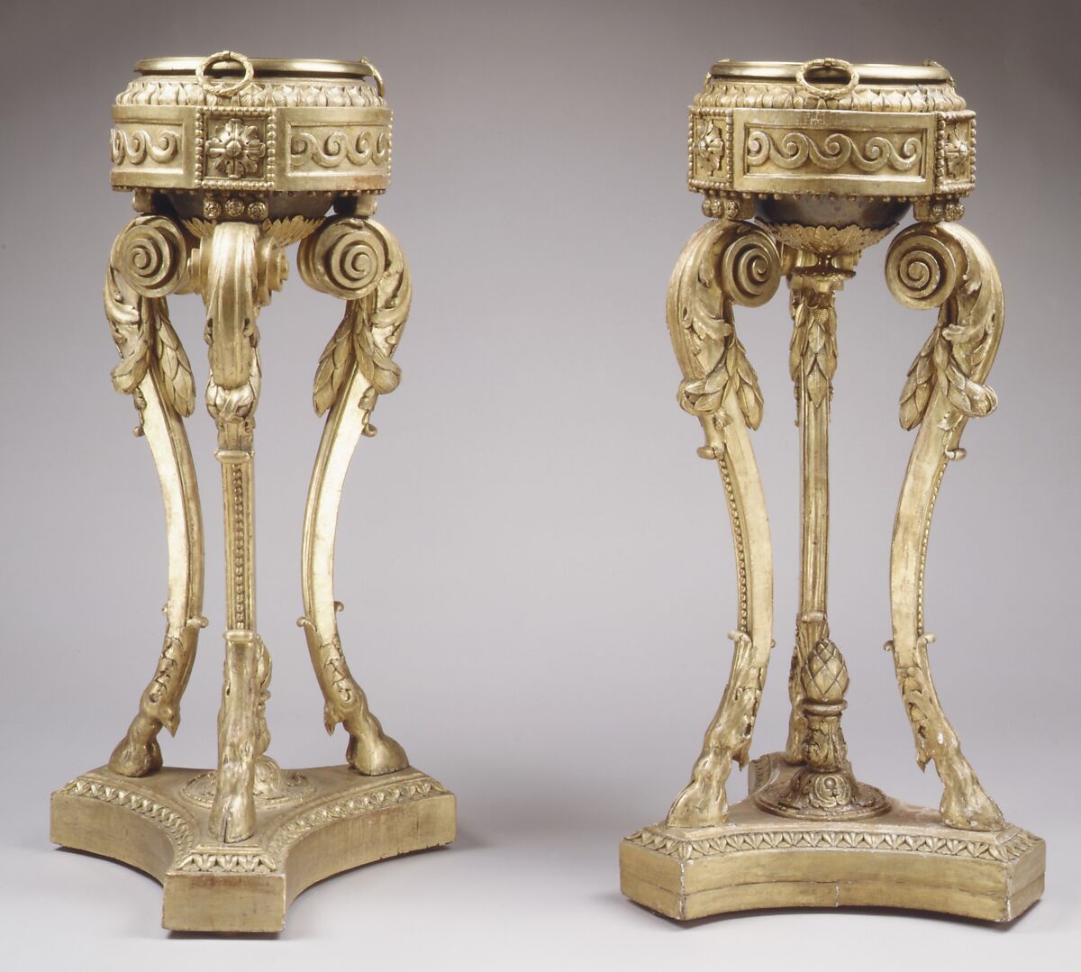 Pair of tripod stands (athèniennes), After a design by Jean-Henri Eberts, Carved and gilded pine; brass liners; gilt bronze, French