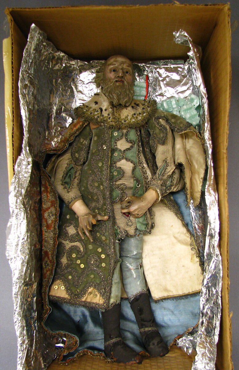 Old king, Polychromed wooden body dressed in silk, satin and velvet garments; glass eyes, probably Italian, Genoa 