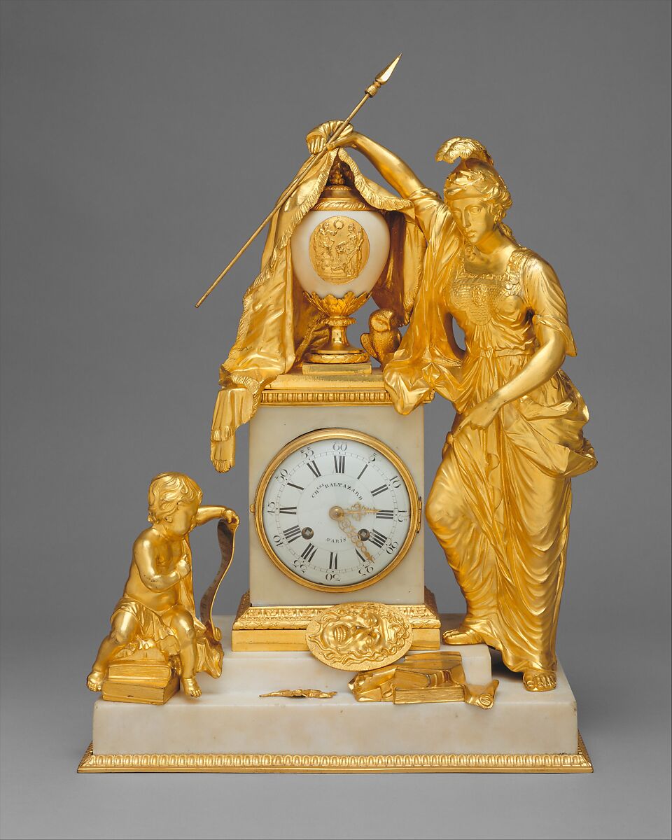Minerva clock, After a design by Matthew Boulton (British, Birmingham 1728–1809 Birmingham), Gilt bronze, marble, enamel, brass, steel, British 