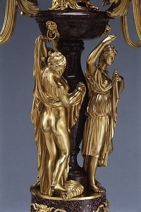 Pair of five-light candelabra, Luigi Valadier (Italian, Rome 1726–1785 Rome), Bronze, fire-gilt; porphyry, iron (pin), Italian, Rome