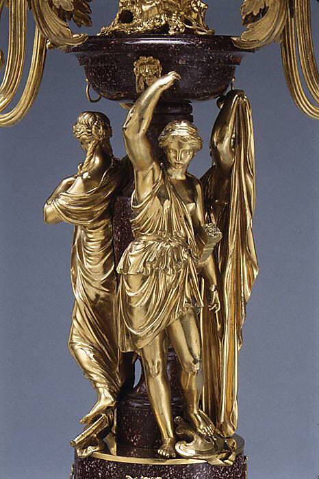 Pair of five-light candelabra, Luigi Valadier (Italian, Rome 1726–1785 Rome), Bronze, fire-gilt; porphyry, iron (pin), Italian, Rome