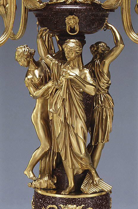 Pair of five-light candelabra, Luigi Valadier (Italian, Rome 1726–1785 Rome), Bronze, fire-gilt; porphyry, iron (pin), Italian, Rome