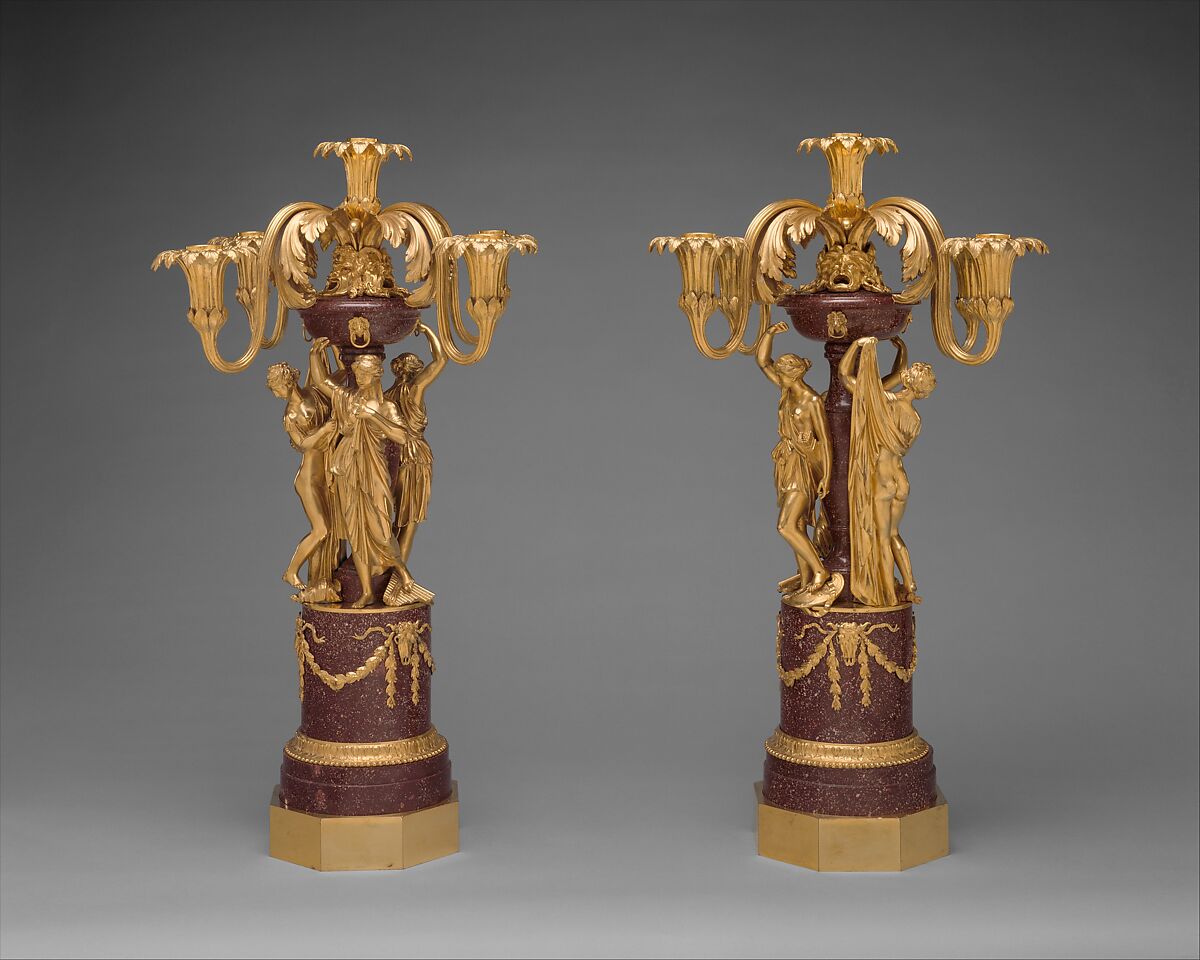 Pair of five-light candelabra, Luigi Valadier (Italian, Rome 1726–1785 Rome), Bronze, fire-gilt; porphyry, iron (pin), Italian, Rome 
