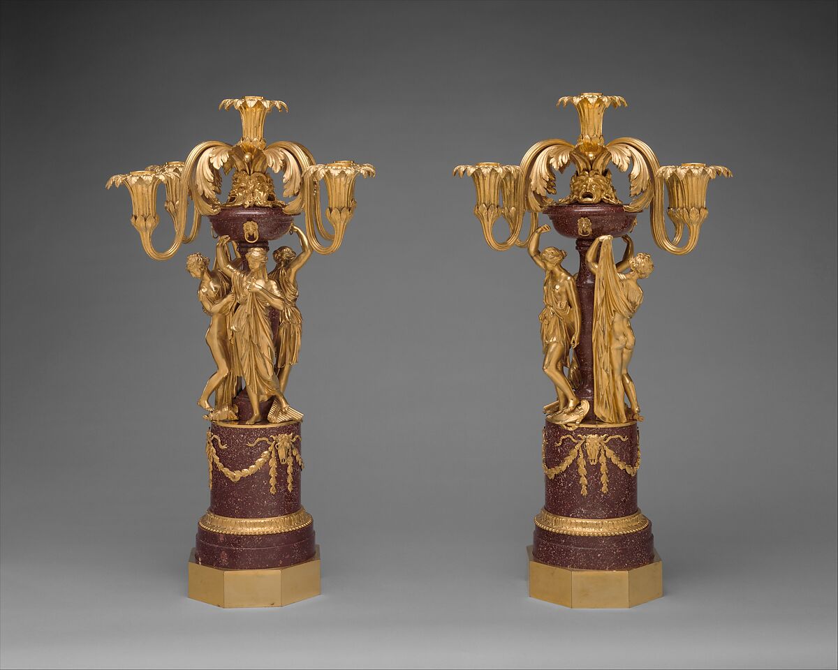 Pair of five-light candelabra, Luigi Valadier  Italian, Bronze, fire-gilt; porphyry, iron (pin), Italian, Rome