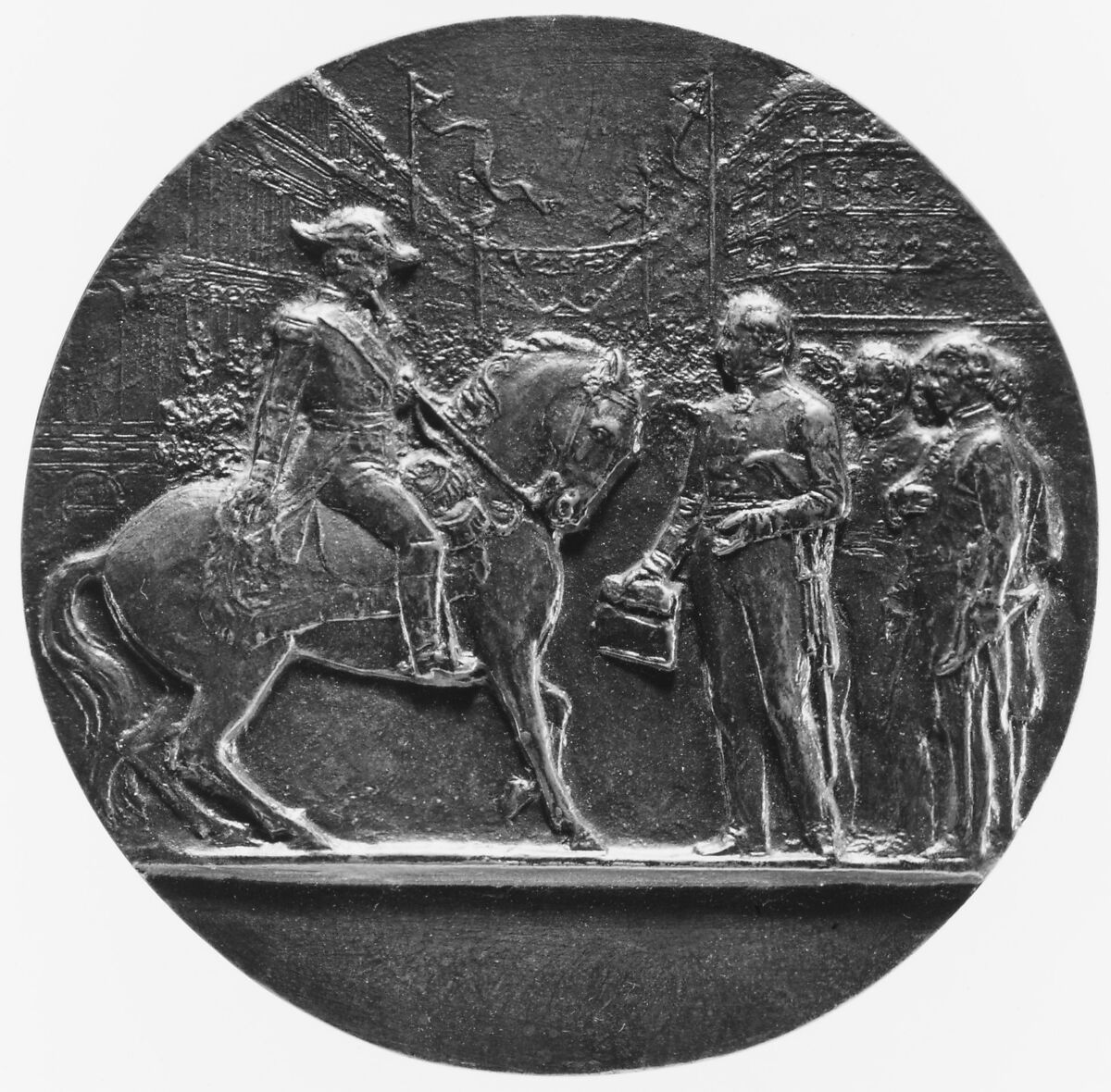 Napoleon III on Horseback, Inaugurating the Boulevard de Strasbourg, Medalist: François-Joseph-Hubert Ponscarme (French, Belmont-les-Monthureaux, Vosges 1827–1903 Malakoff, Hauts-de-Seine), Bronze, French 