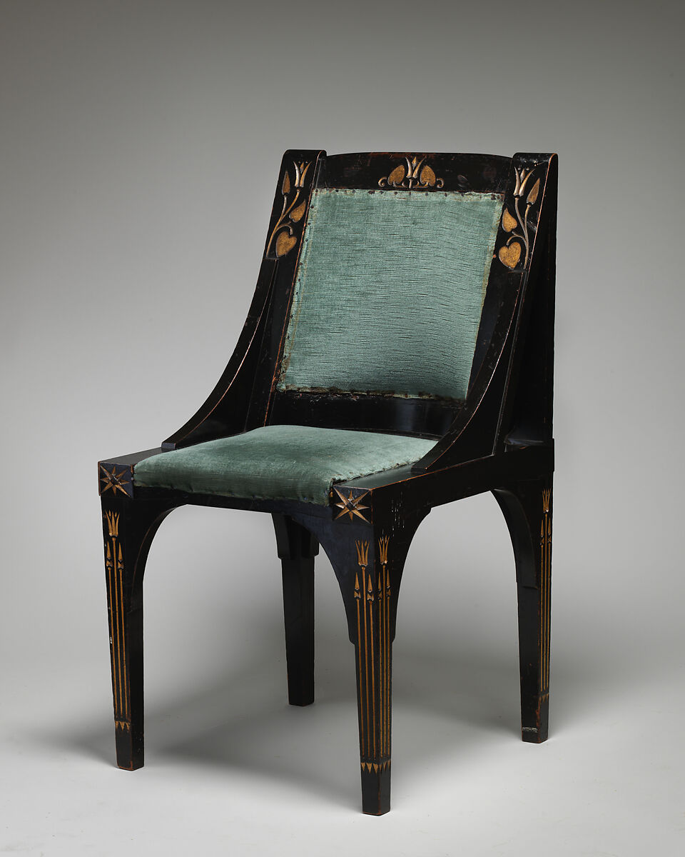Side chair, After a design by Christopher Dresser (British, Glasgow, Scotland 1834–1904 Mulhouse), Gilt, ebonized and carved wood, modern green plush, British 