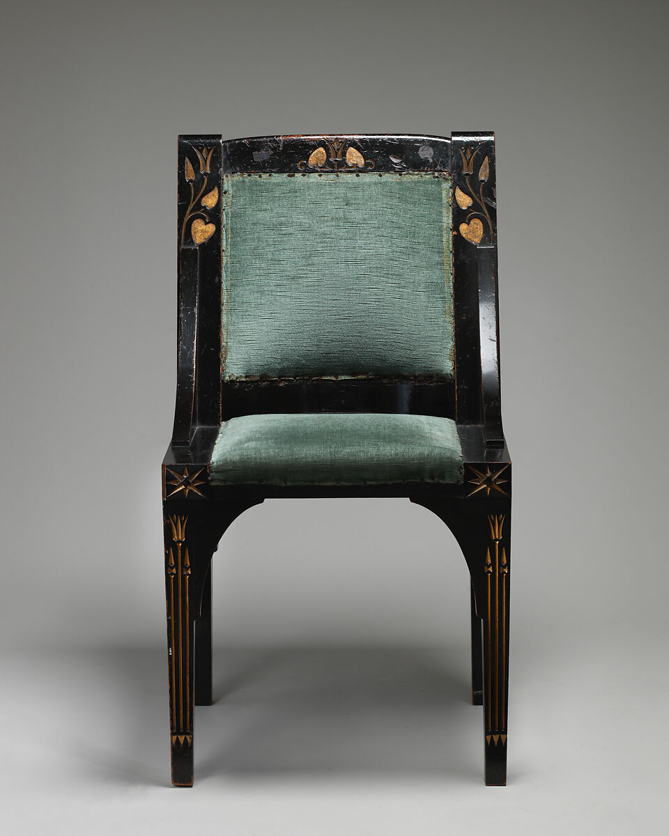 Side chair, After a design by Christopher Dresser (British, Glasgow, Scotland 1834–1904 Mulhouse), Gilt, ebonized and carved wood, modern green plush, British