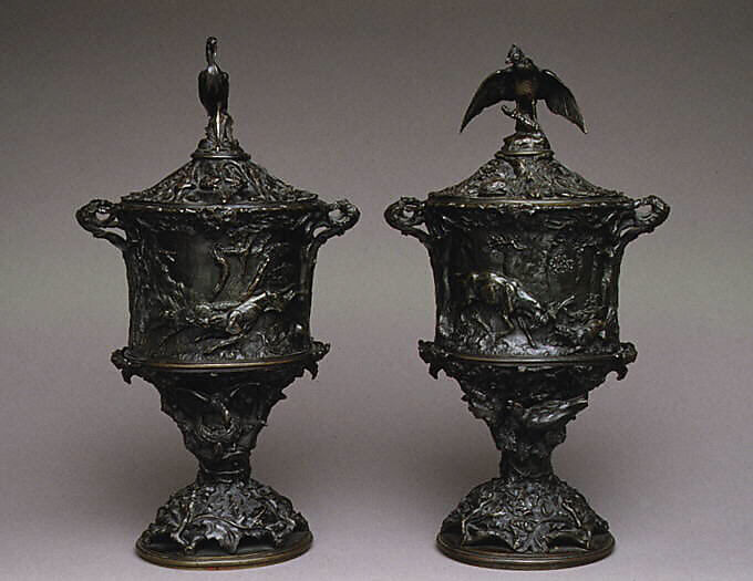 Pair of urns with covers with hunting scenes, Pierre-Jules Mêne (French, Paris 1810–1877 Paris), Bronze, French 