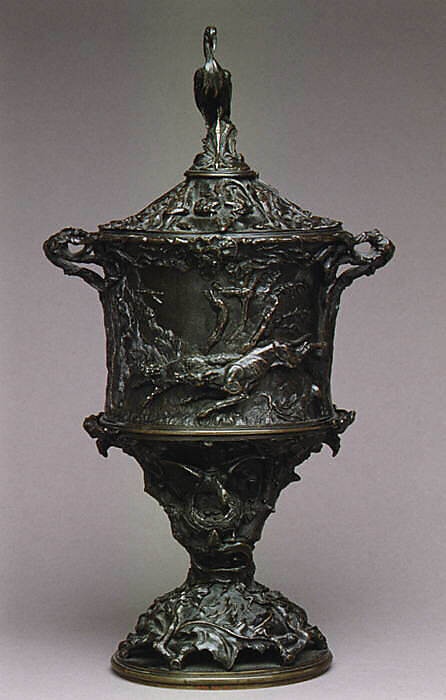Pair of urns with covers with hunting scenes, Pierre-Jules Mêne (French, Paris 1810–1877 Paris), Bronze, French