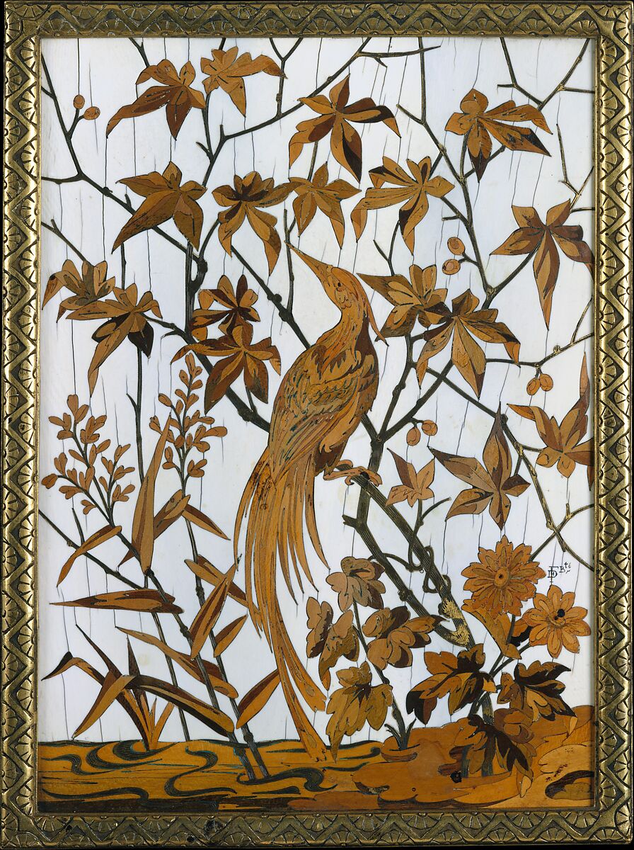 Panel, Firm of Ferdinand Duvinage, Paris, France, Ivory, various woods, engraved brass, green and red filler, on laminated wood, gilt metal frame, French, Paris 